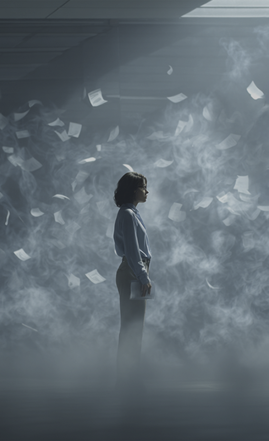 Symbolbild: Eine Frau steht in einem Nebel aus Staub und Blättern