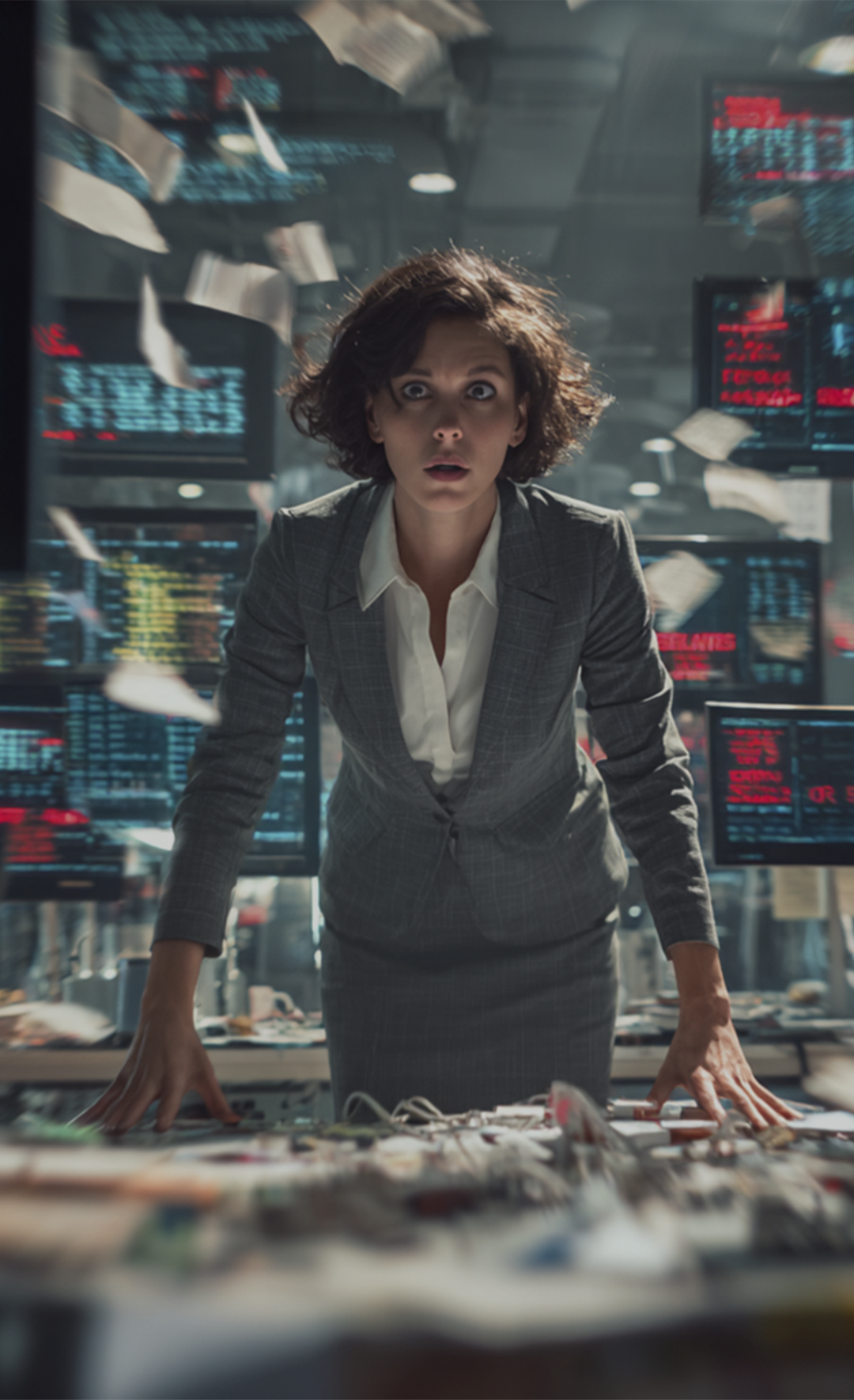 Symbolbild: Frau steht in einer chaotischen Umgebung voller Bildschirme und Schreibtische