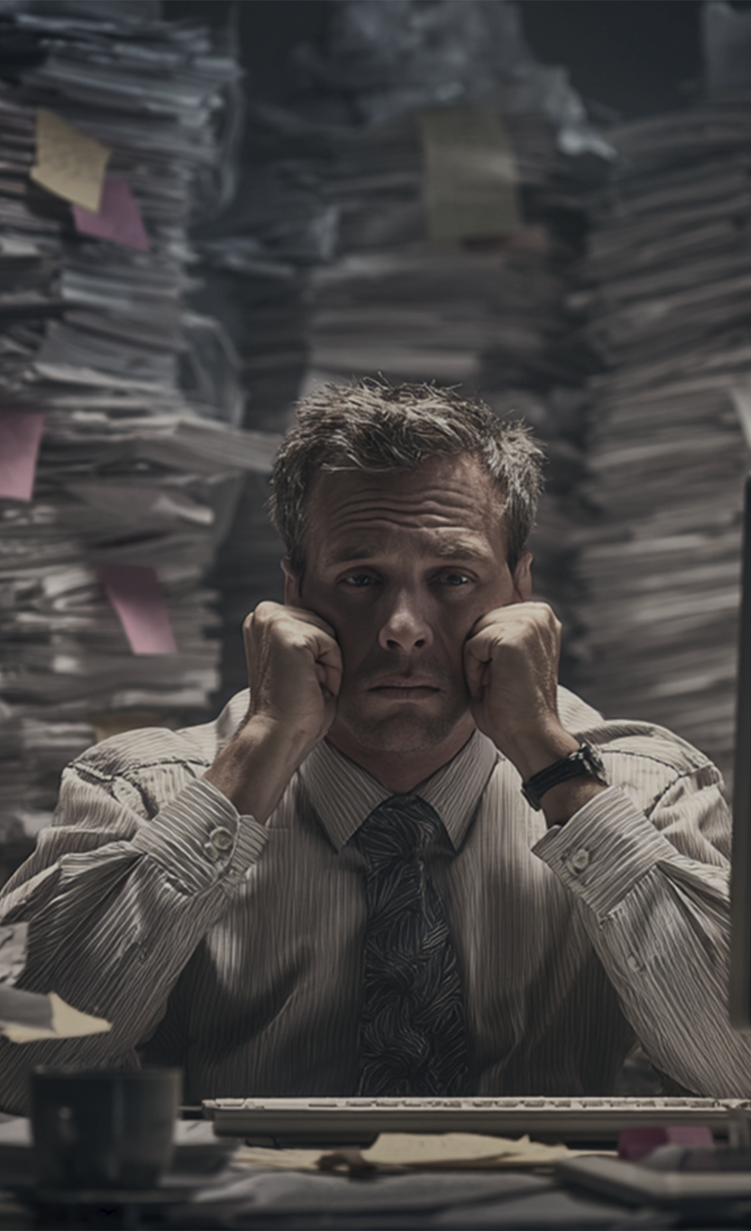 Symbolbild: Mann sitzt vor einem Berg aus Dokumenten und ist verweifelt